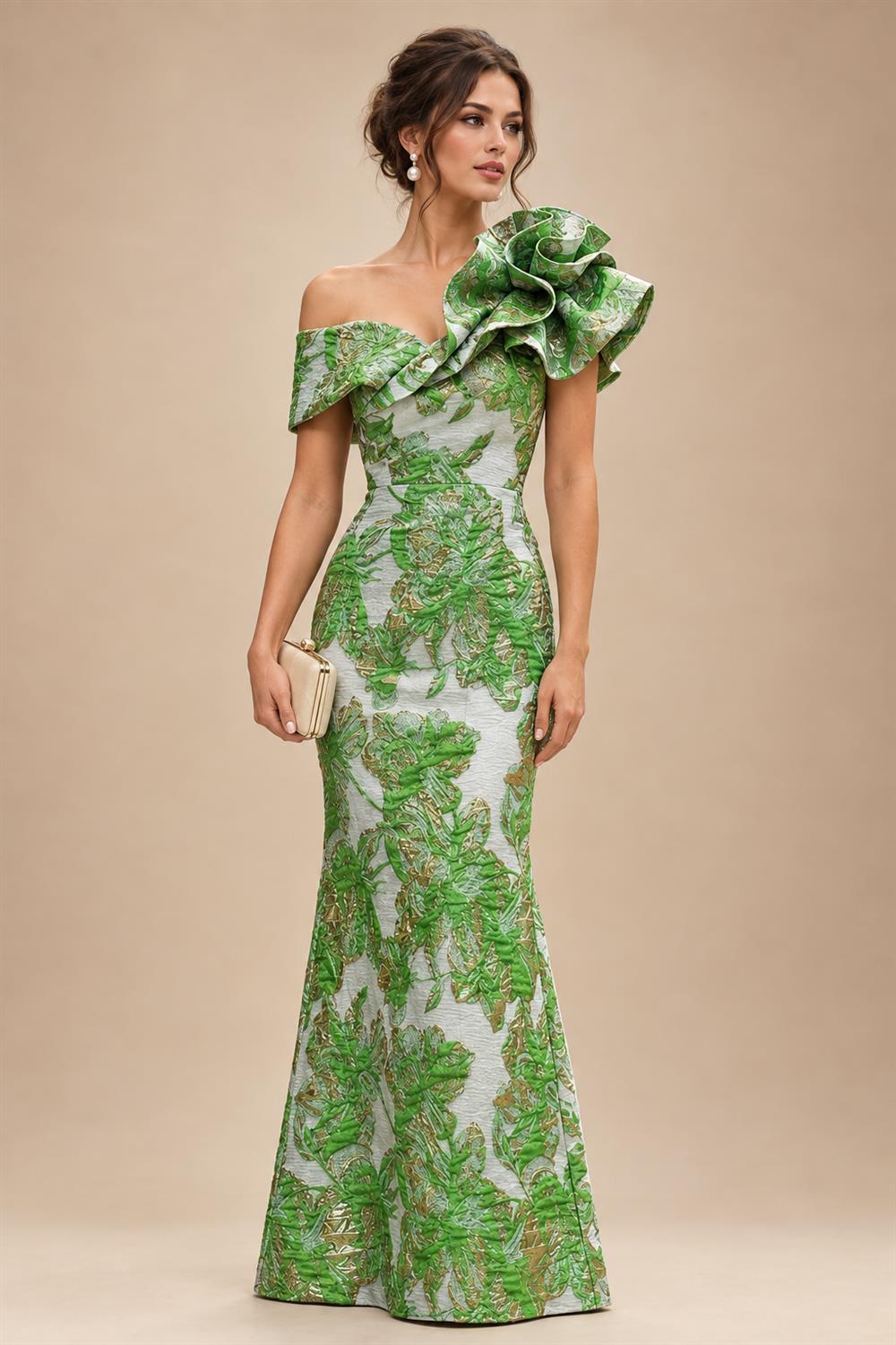 Sheath Floral Jacquard Off Shoulder Mother of the Bride & Groom Dresses with Flower (SHI22500777)