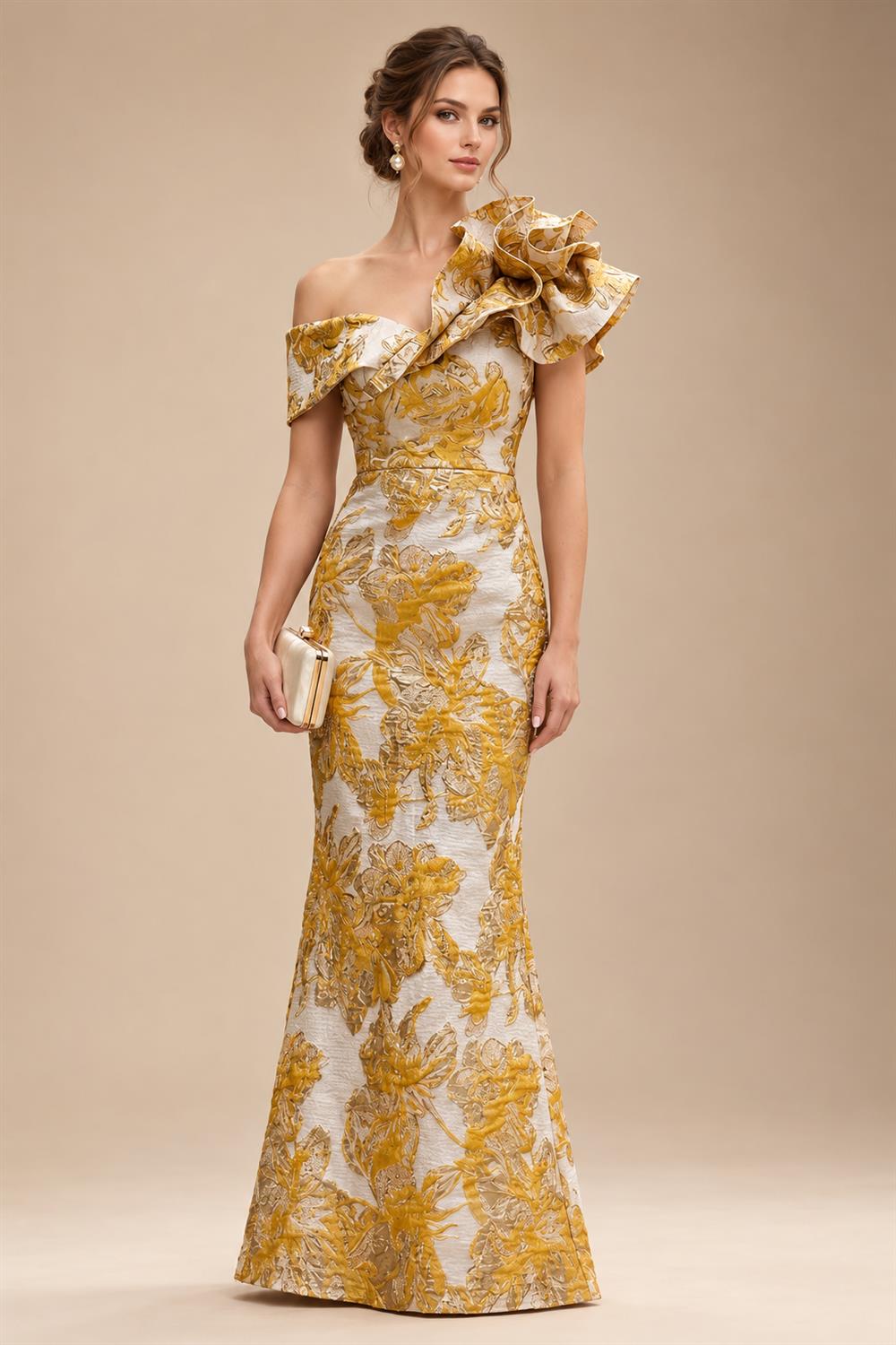 Sheath Floral Jacquard Off Shoulder Mother of the Bride & Groom Dresses with Flower (SHI22500777)