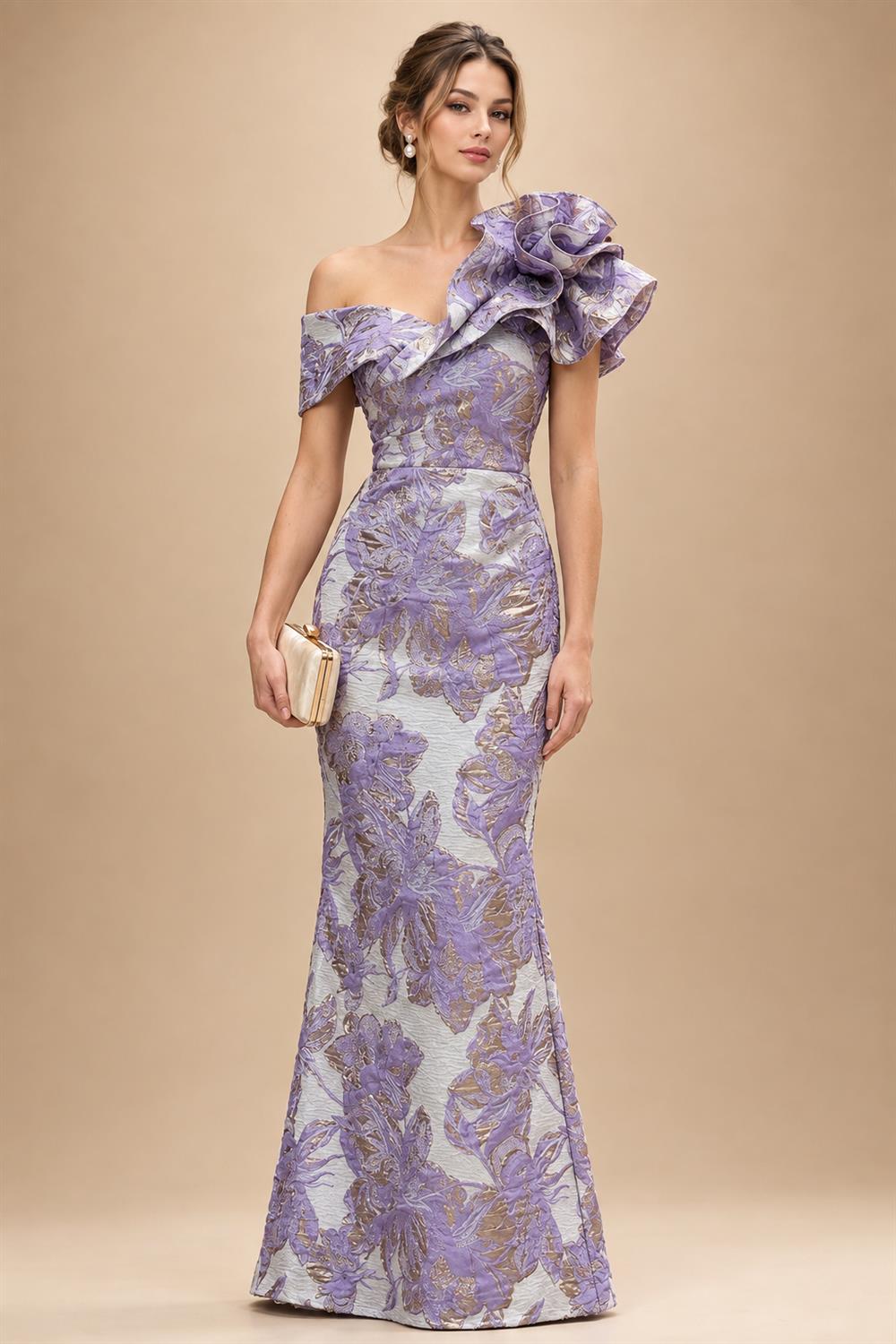 Sheath Floral Jacquard Off Shoulder Mother of the Bride & Groom Dresses with Flower (SHI22500777)