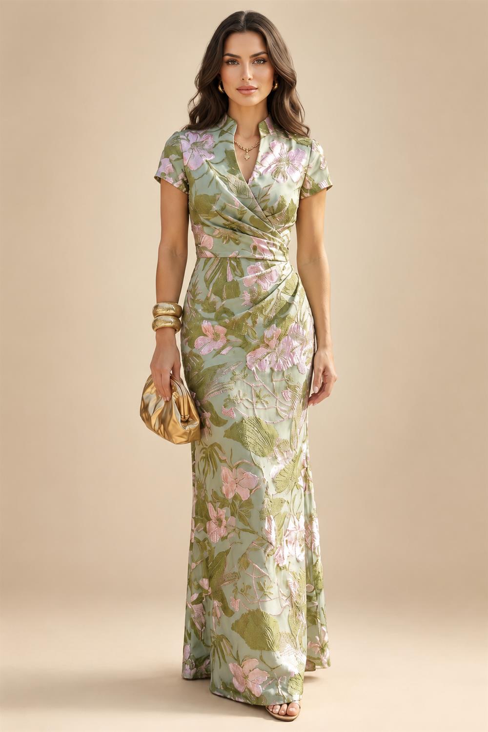 Jacquard Sheath/Column V-Neck Floor-Length Mother of the Bride & Groom Dresses with Ruched Waist (SHI22501057)