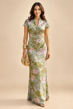 Jacquard Sheath/Column V-Neck Floor-Length Mother of the Bride & Groom Dresses with Ruched Waist (SHIB22500907)