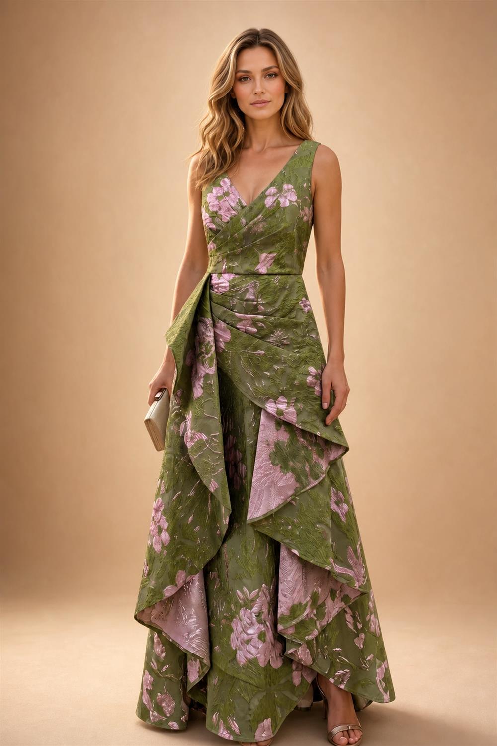 Jacquard A Line V Neck Ruffles Corset Mother of the Bride & Groom Dresses (SHI22500967)