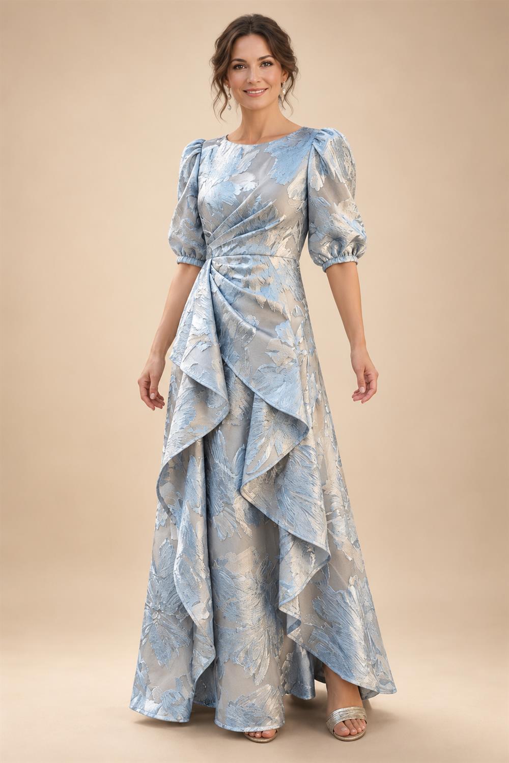 Jacquard A-Line/Princess Scoop Neck Floor-Length Mother of the Bride & Groom Dresses with Ruffles & Ruched Waist (SHI22501201)