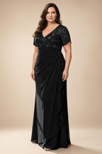 A-Line Chiffon V-Neck Short Sleeve Mother of the Bride Dresses Floor-Length with Sequin Appliques (SHI22500297)
