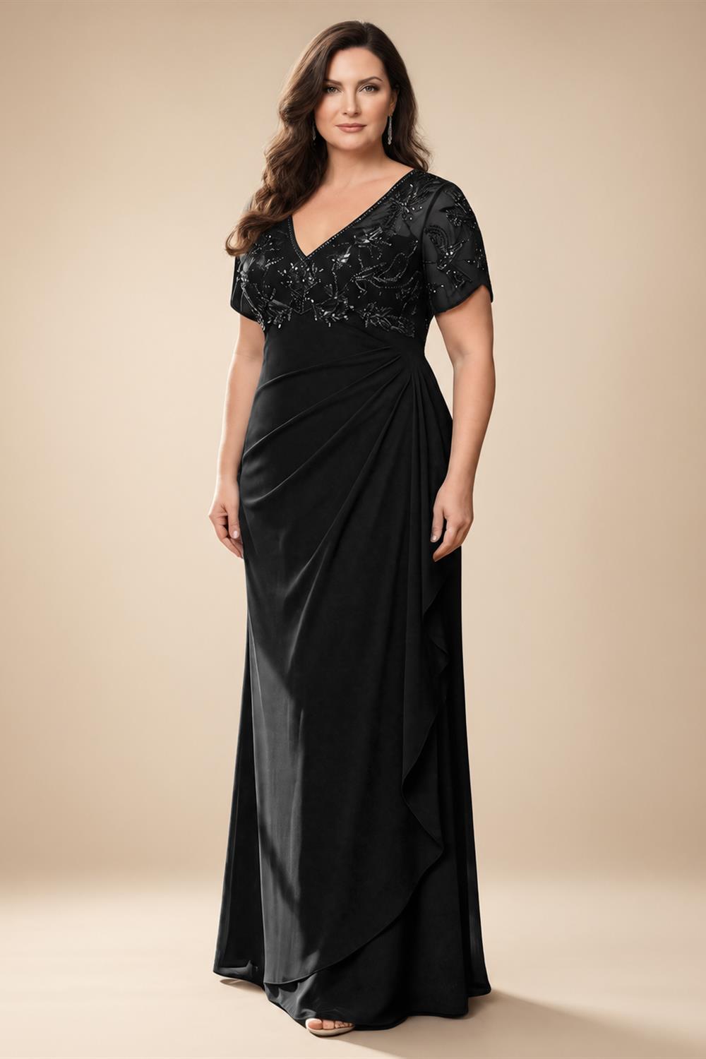 A-Line Chiffon V-Neck Short Sleeve Mother of the Bride Dresses Floor-Length with Sequin Appliques (SHI22500297)