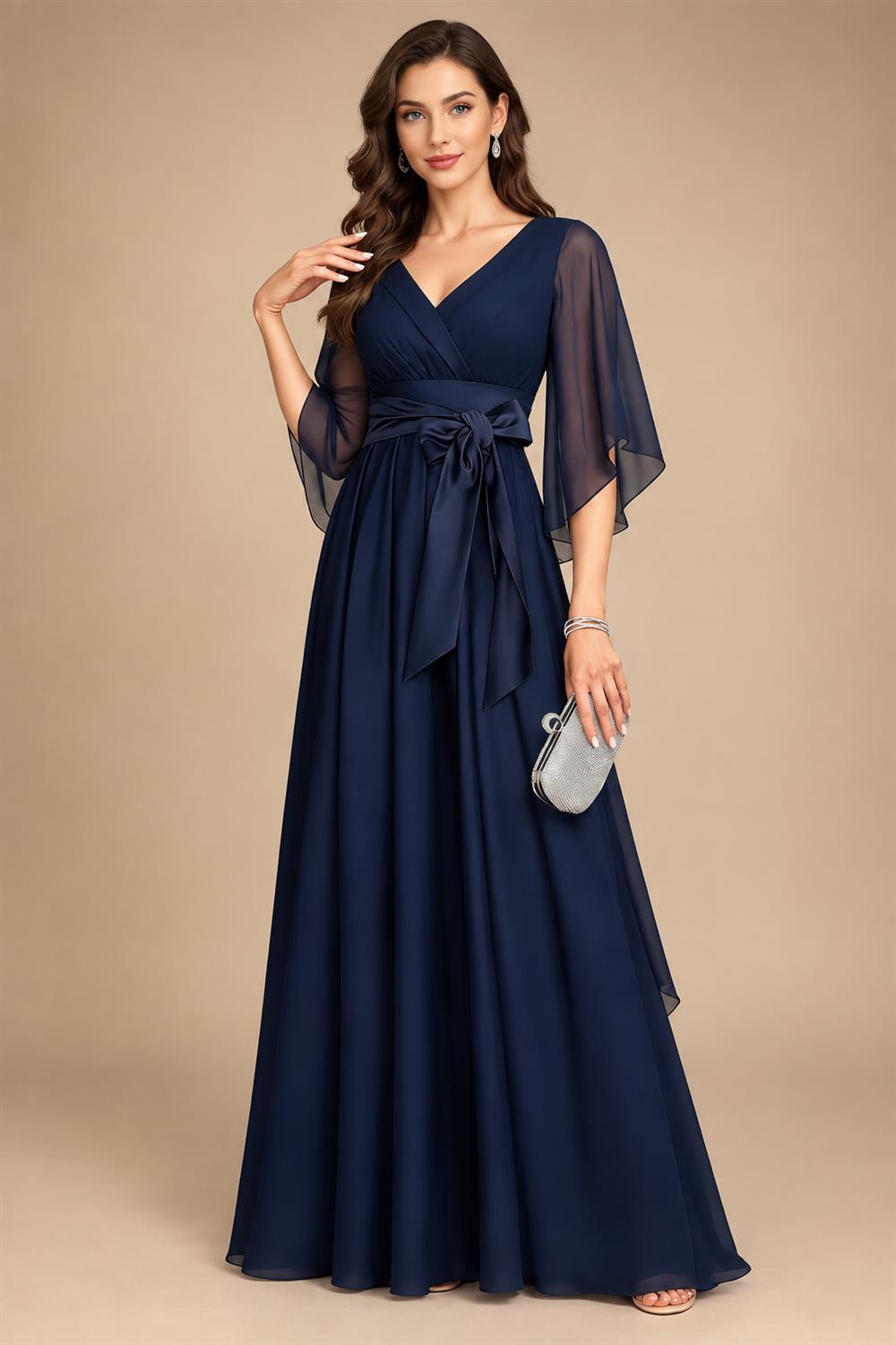 Sheath Satin 3/4 Sleeves Maxi Mother of the Bride & Groom Dresses with Chiffon Cape (SHI22500709)