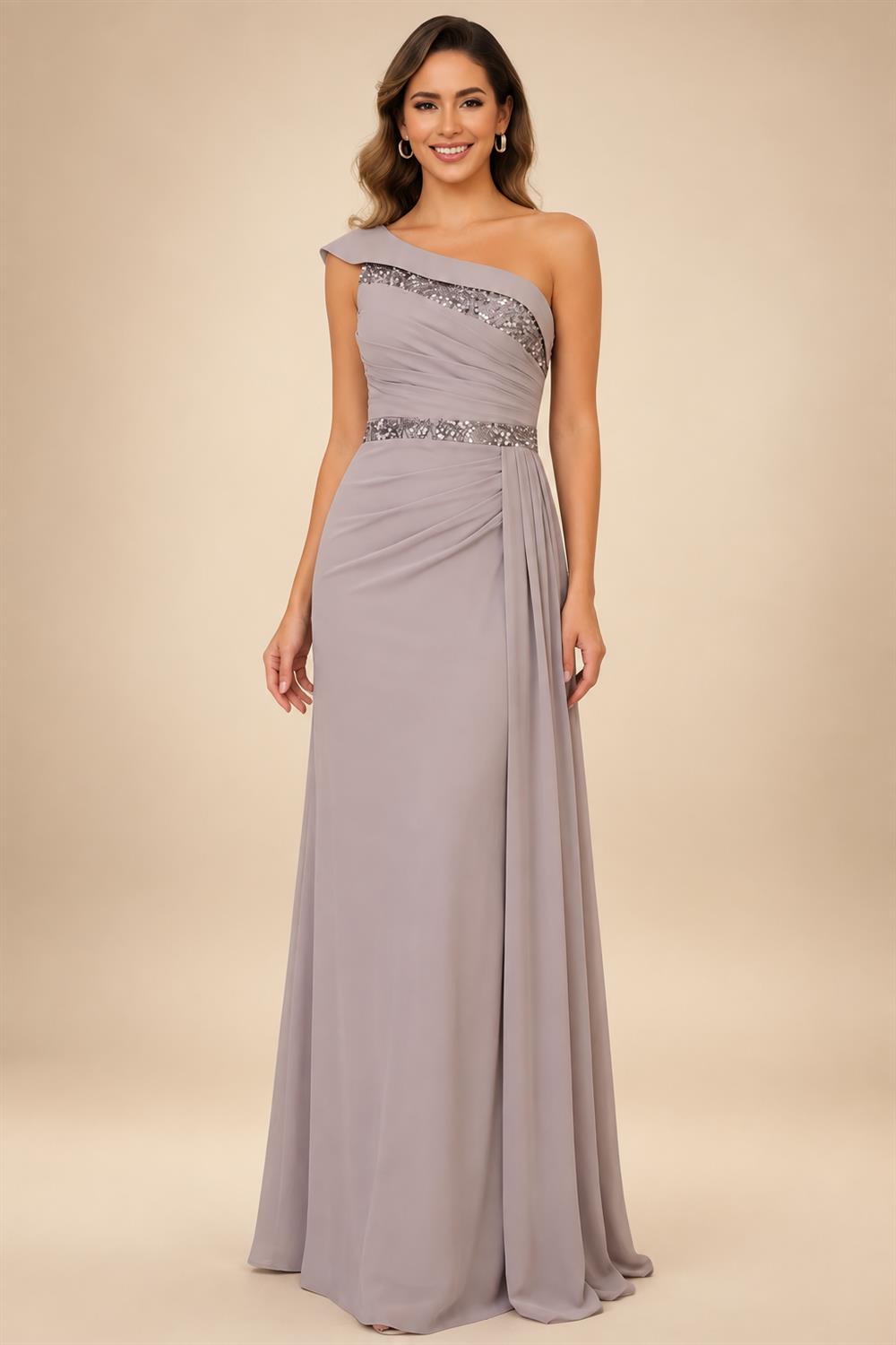Chiffon A-Line/Princess One Shoulder Floor-Length Mother of the Bride & Groom Dresses with Ruffles & Ruched Waist (SHI22501248)