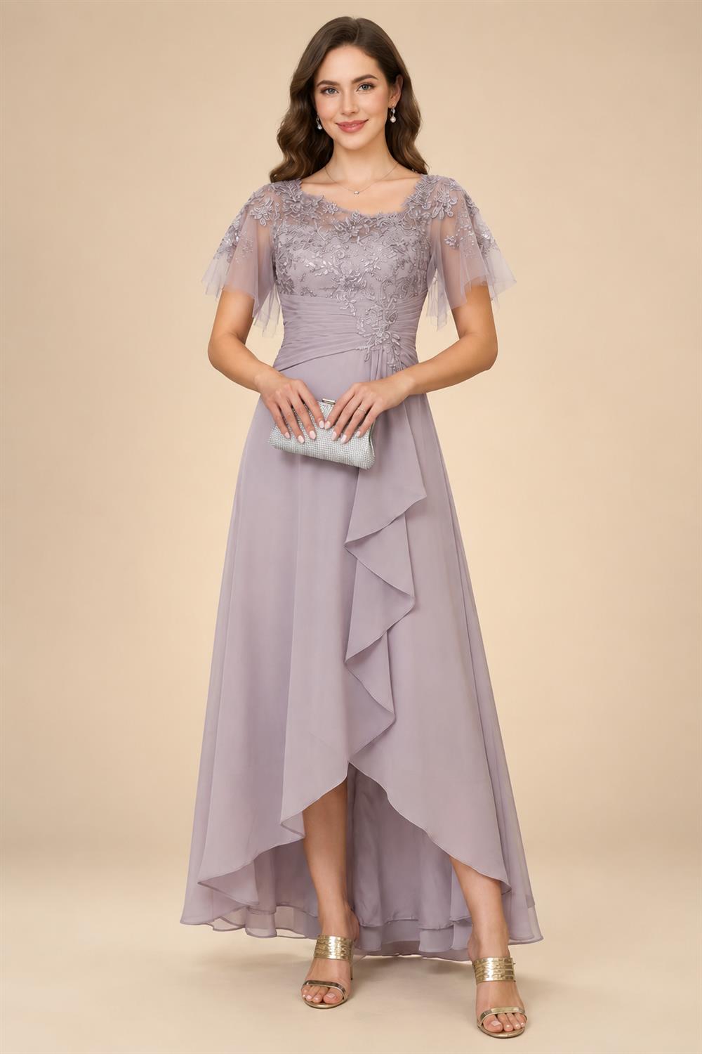 3/4 Sleeve Round Neck A-Line Midi Chiffon Mother of the Bride Dresses with Jacket (SHI22500386)