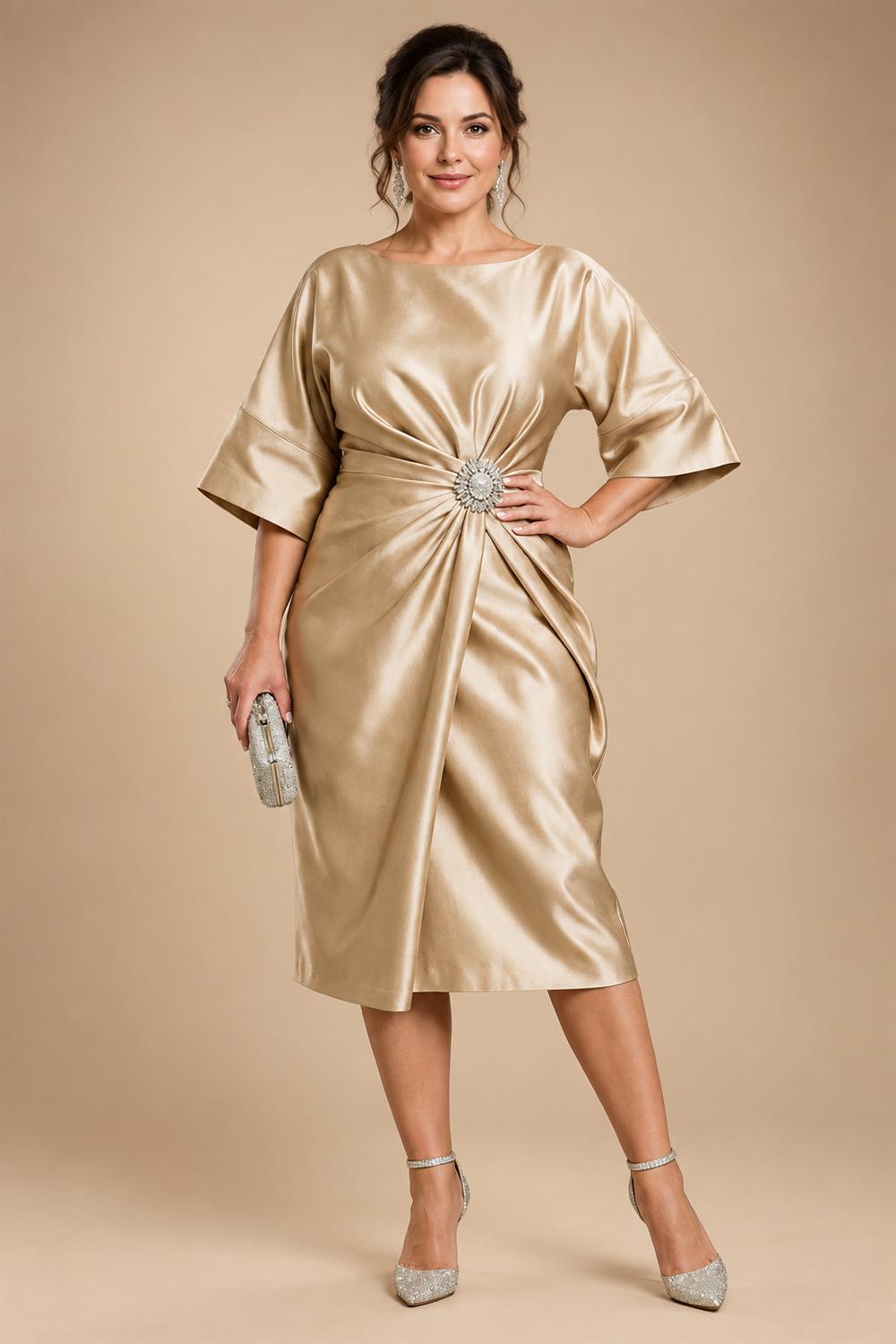 A-Line Metallic Satin Off Shoulder Bow Mother of the Bride & Groom Dresses with Floral Lace Appliques, Ruched Waist & Sweep Train (SHI22500425)