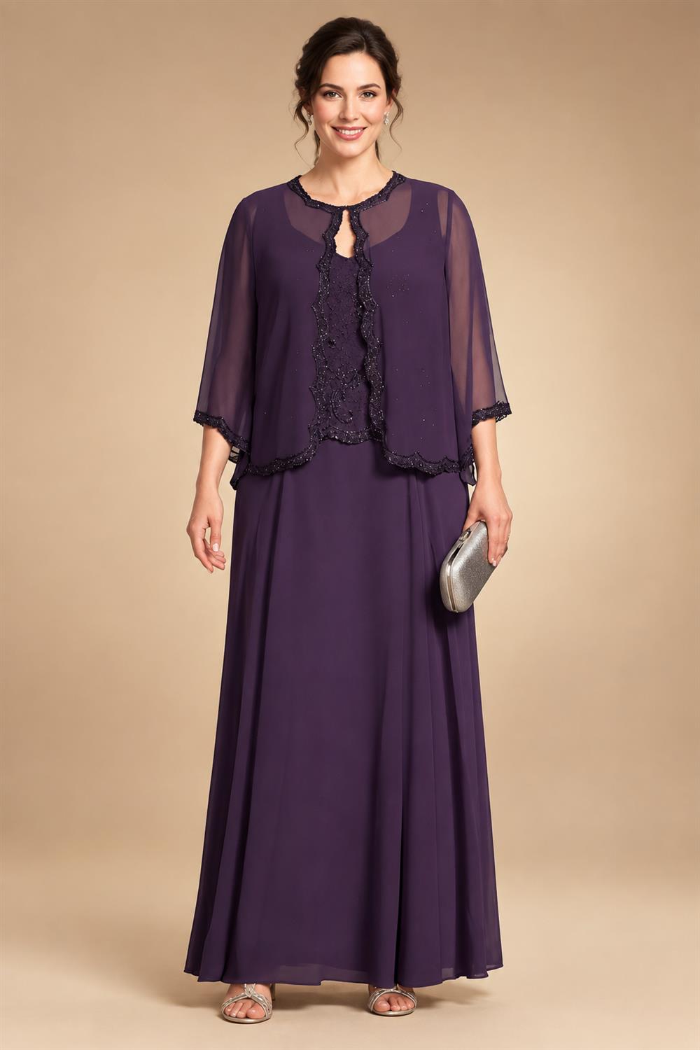 A-Line Lace Appliques Maxi Mother of the Bride & Groom Dresses with Flutter Sleeves Chiffon Bodice (SHI22500731)