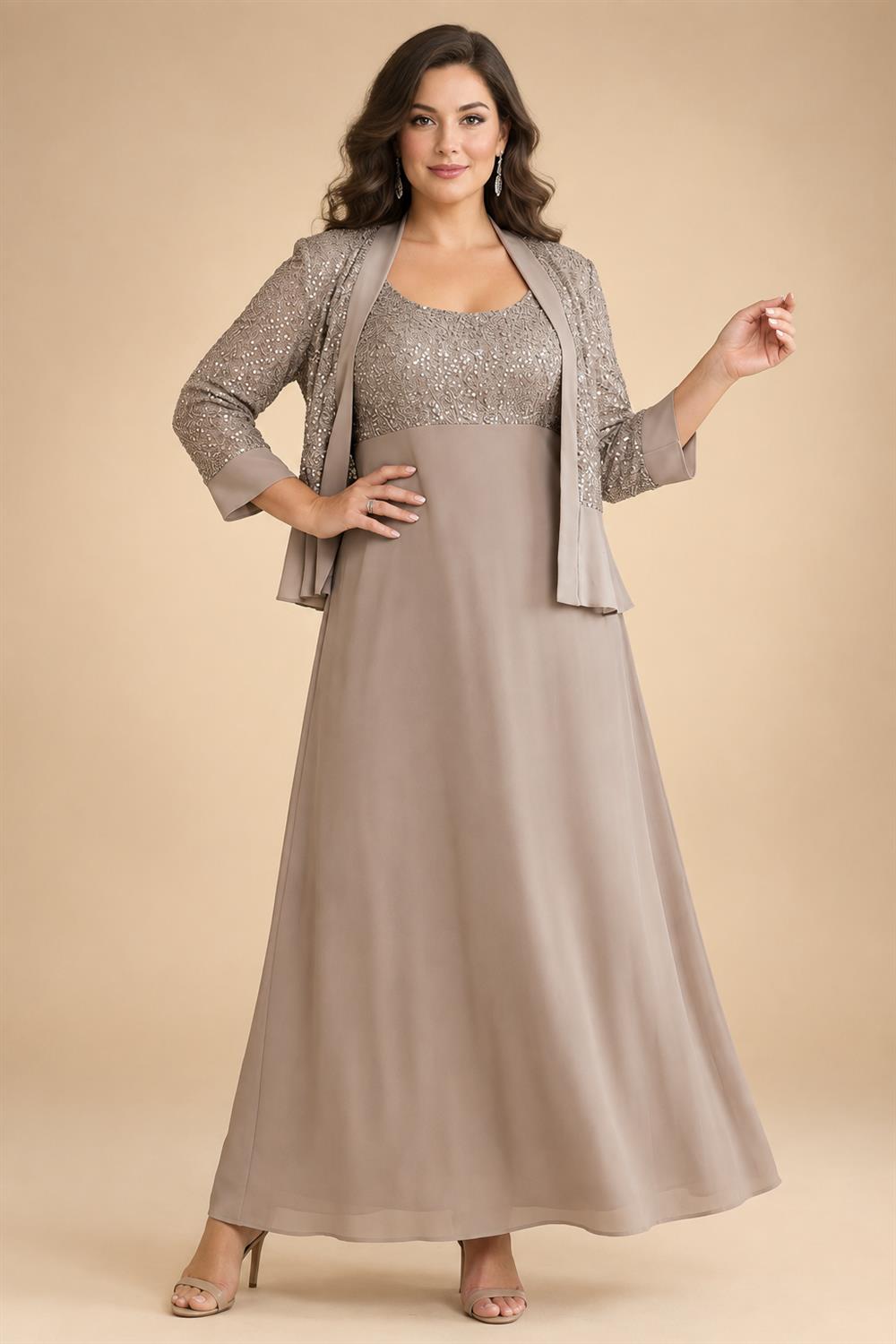2-Piece A-Line Chiffon 3/4 Sleeves Mother of the Bride & Groom Dresses with Scalloped V-Neck Lace Bodice (SHI22500637)