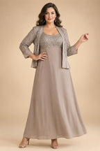 2-Piece A-Line Chiffon 3/4 Sleeves Mother of the Bride & Groom Dresses with Scalloped V-Neck Lace Bodice (SHI22500637)