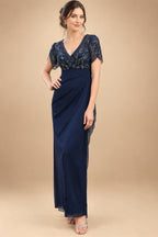 A-Line Chiffon V-Neck Short Sleeve Mother of the Bride Dresses Floor-Length with Sequin Appliques (SHI22500297)