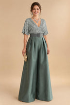 Jumpsuit V Neck Half Sleeve Long Sparkling Mother of the Bride Dresses with Belt (SHI22500201)