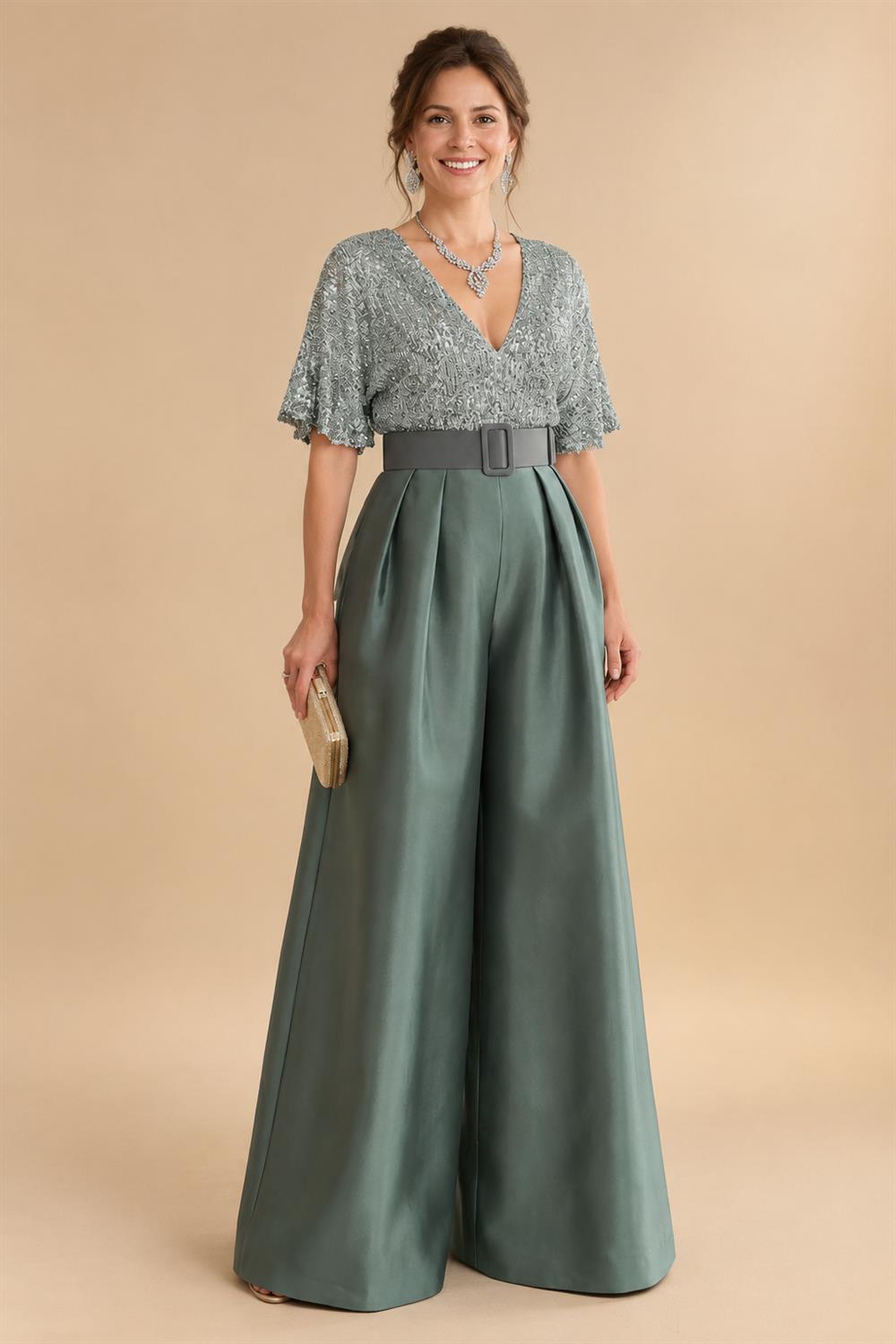 Jumpsuit V Neck Half Sleeve Long Sparkling Mother of the Bride Dresses with Belt (SHI22500201)