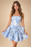 A-Line/Princess Strapless Jacquard Mini Homecoming Dresses with Bow & Pearls (SHI22370552)