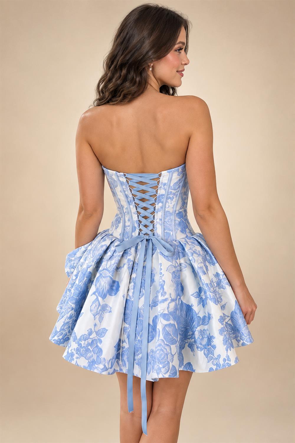 A-Line/Princess Strapless Jacquard Mini Homecoming Dresses with Bow & Pearls (SHI22370552)