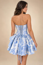 A-Line/Princess Strapless Jacquard Mini Homecoming Dresses with Bow & Pearls (SHI22370552)