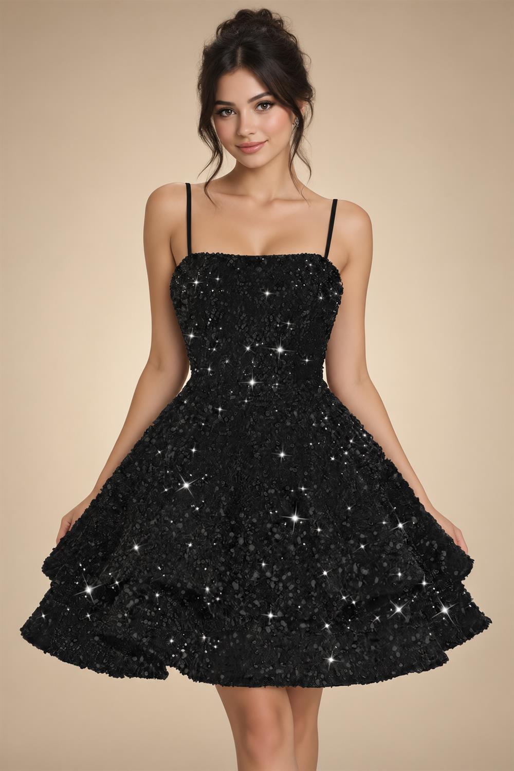 A-Line/Princess Mini Sparkly Sequin Tiered Homecoming Dresses with Spaghetti Straps (SHI22370561)