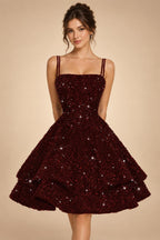 A-Line/Princess Mini Sparkly Sequin Tiered Homecoming Dresses with Spaghetti Straps (SHI22370561)