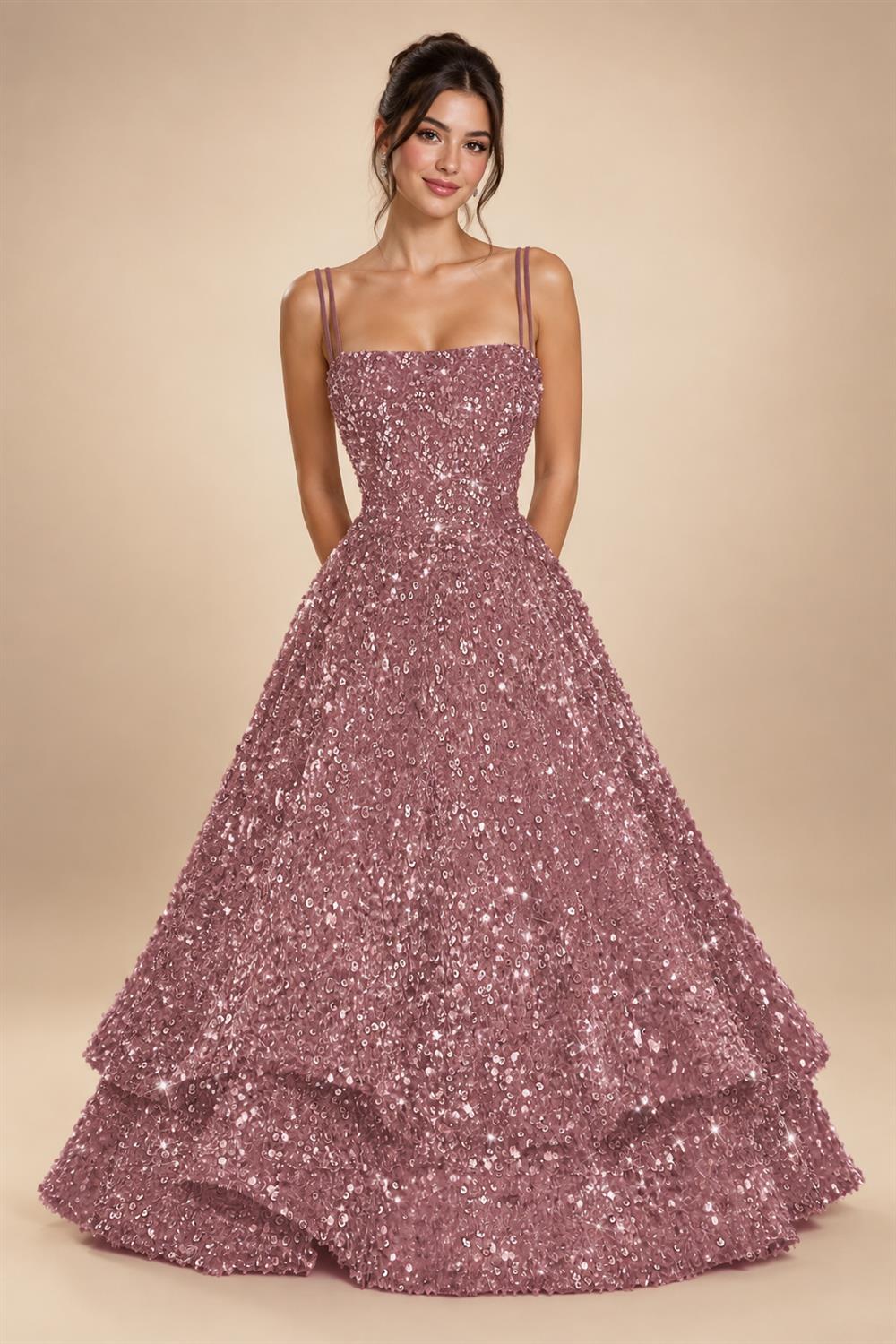 A-Line/Princess Mini Sparkly Sequin Tiered Homecoming Dresses with Spaghetti Straps (SHI22370561)