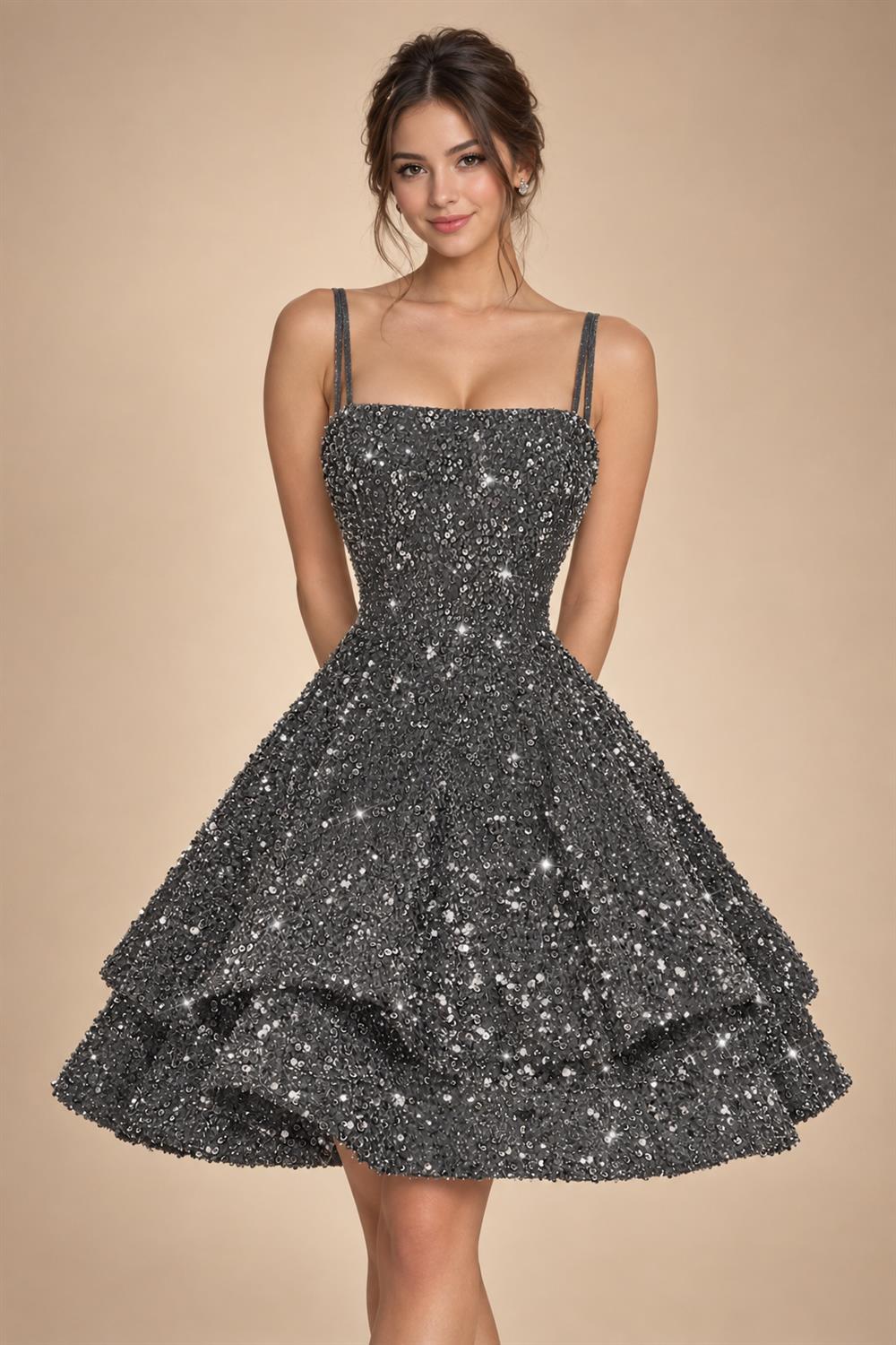 A-Line/Princess Mini Sparkly Sequin Tiered Homecoming Dresses with Spaghetti Straps (SHI22370561)
