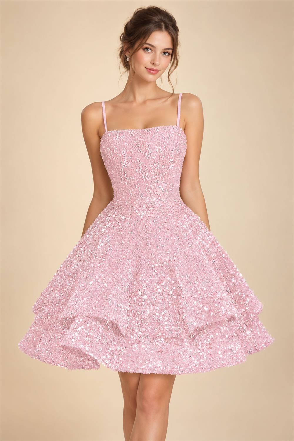 A-Line/Princess Mini Sparkly Sequin Tiered Homecoming Dresses with Spaghetti Straps (SHI22370561)