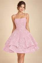 A-Line/Princess Mini Sparkly Sequin Tiered Homecoming Dresses with Spaghetti Straps (SHI22370561)