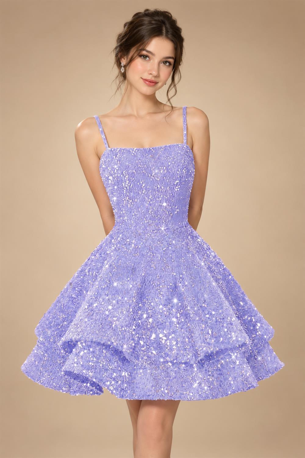 A-Line/Princess Mini Sparkly Sequin Tiered Homecoming Dresses with Spaghetti Straps (SHI22370561)