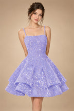 A-Line/Princess Mini Sparkly Sequin Tiered Homecoming Dresses with Spaghetti Straps (SHI22370561)