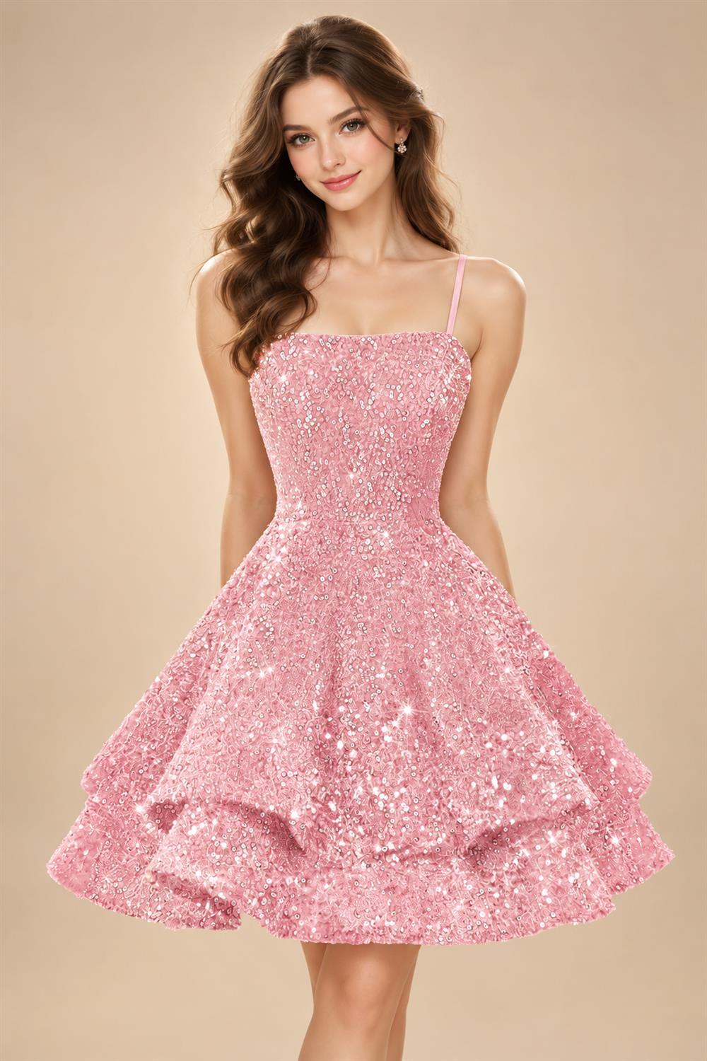 A-Line/Princess Mini Sparkly Sequin Tiered Homecoming Dresses with Spaghetti Straps (SHI22370561)
