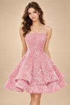 A-Line/Princess Mini Sparkly Sequin Tiered Homecoming Dresses with Spaghetti Straps (SHI22370561)