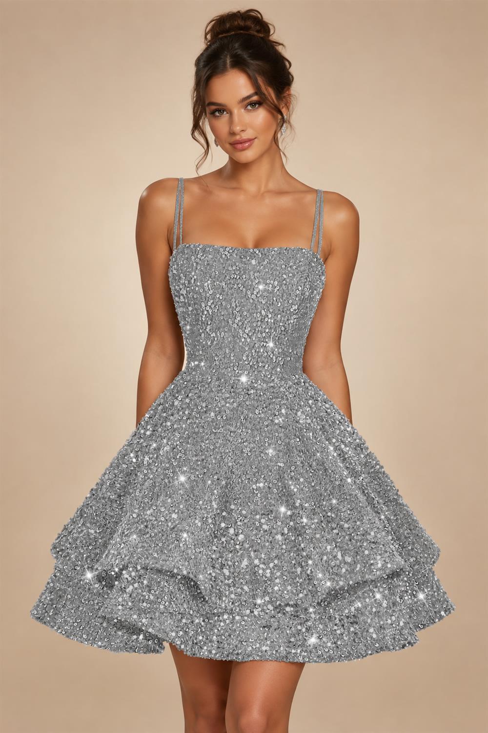 A-Line/Princess Mini Sparkly Sequin Tiered Homecoming Dresses with Spaghetti Straps (SHI22370561)