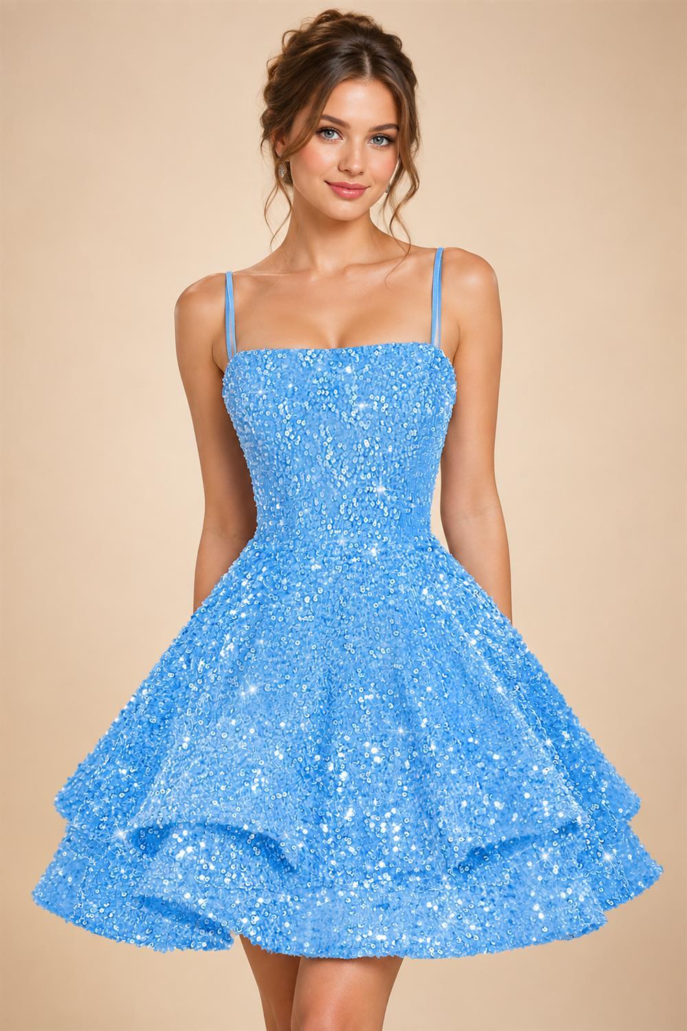 A-Line/Princess Mini Sparkly Sequin Tiered Homecoming Dresses with Spaghetti Straps (SHI22370561)