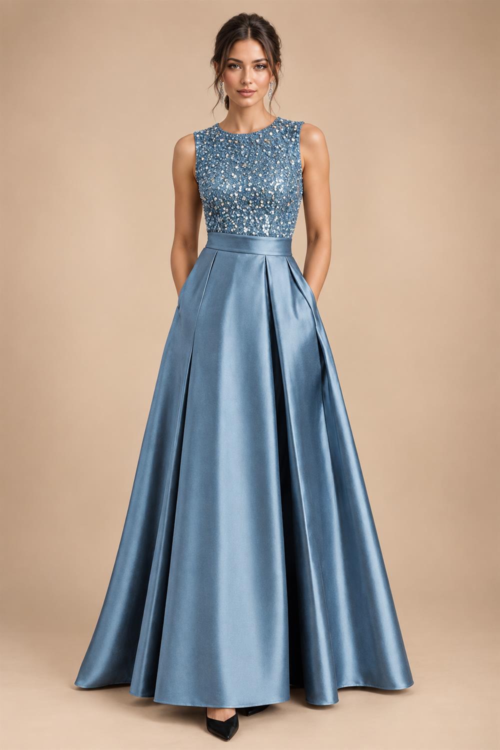 A-Line/Princess Scoop Neck Pleated Satin Evening Dresses with Sequins (SHI22500066)