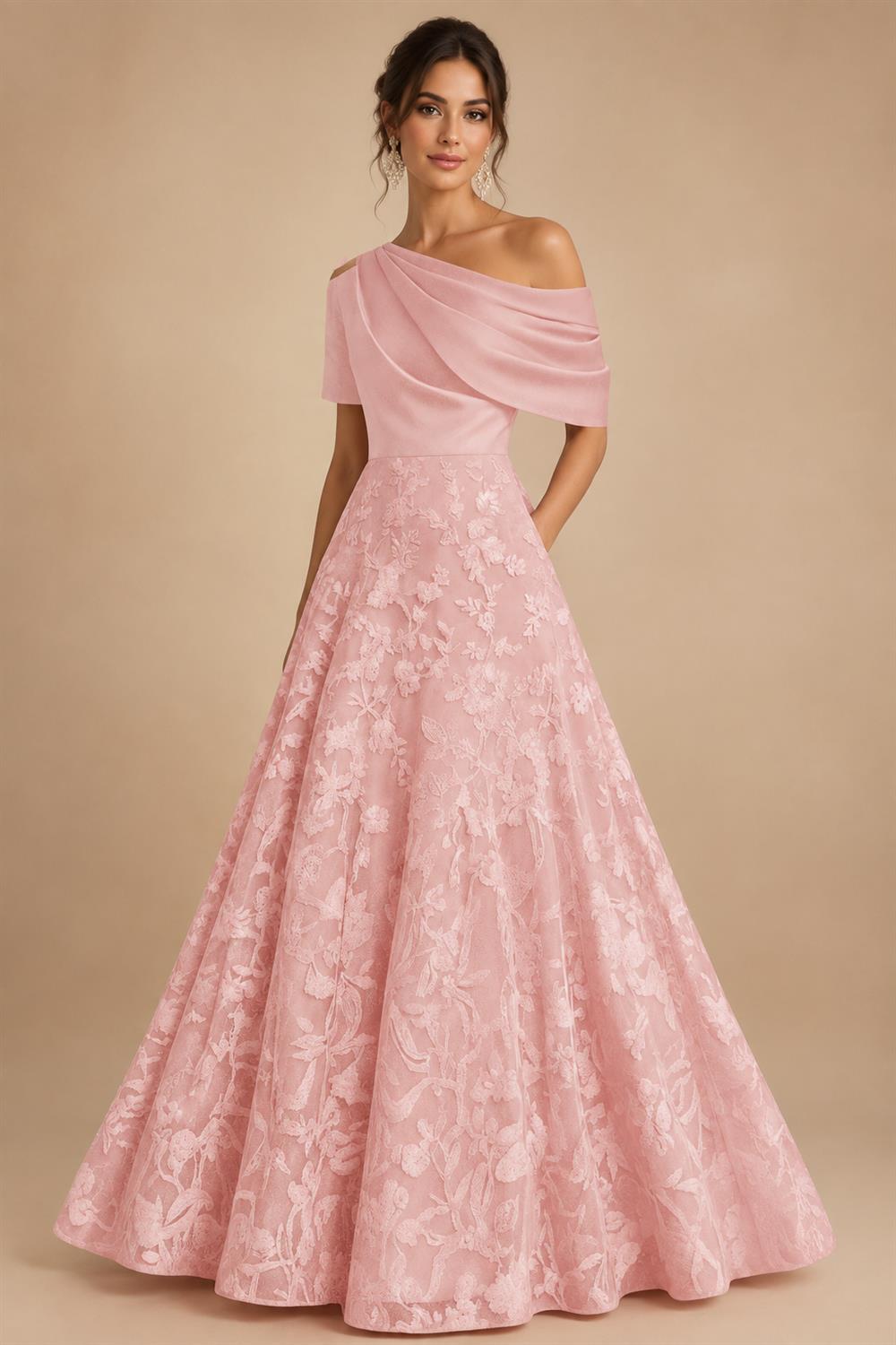 A-Line Floor Length One Shoulder Long Mother of the Bride Dresses with Lace (SHI22500179)