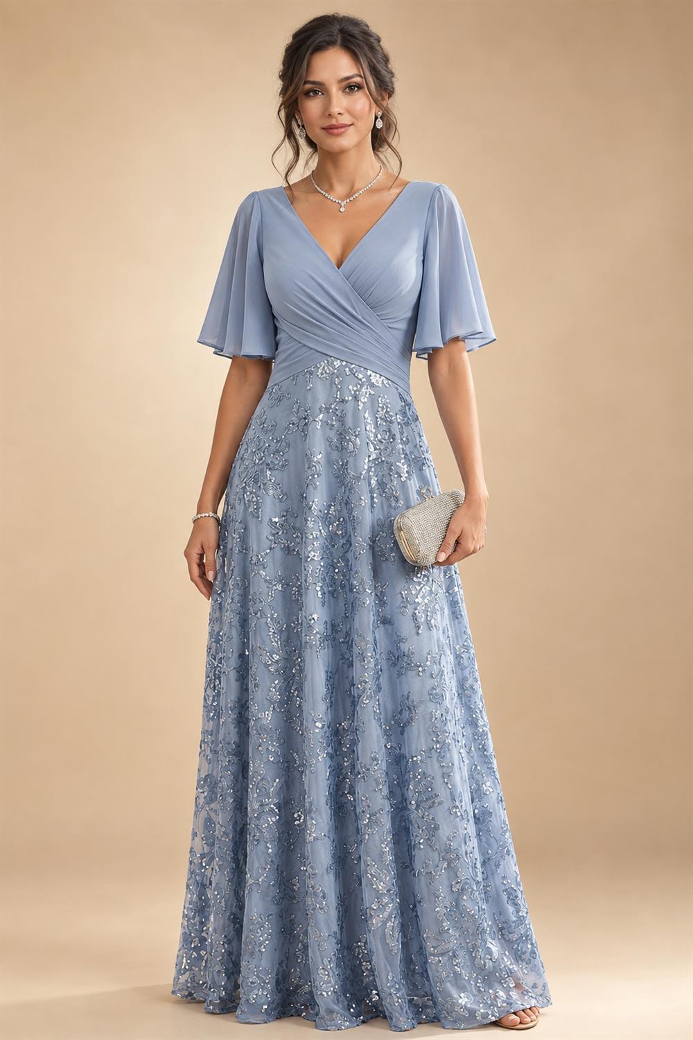 A-Line Chiffon Pleated Long Mother of the Bride & Groom Dresses with 3/4 Flutter Sleeves & Sequin Waist (SHI22500702)