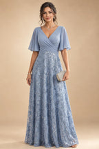 A-Line Chiffon Pleated Long Mother of the Bride & Groom Dresses with 3/4 Flutter Sleeves & Sequin Waist (SHI22500702)