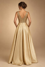 A-Line Metallic Satin Off Shoulder Bow Mother of the Bride & Groom Dresses with Floral Lace Appliques, Ruched Waist & Sweep Train (SHI22500425)