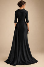 A-Line Satin V-Neck 3/4 Sleeve Mother of the Bride Dresses Floor-Length Ball Gown with Applique (SHI22500294)
