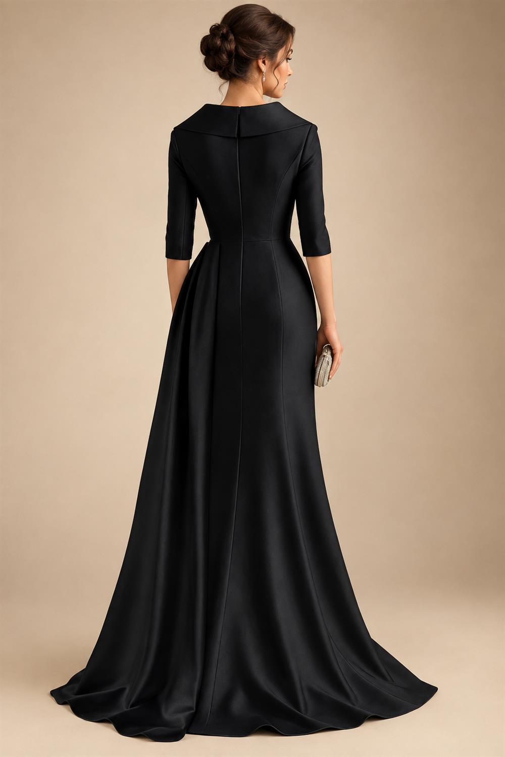 A-Line Satin V-Neck 3/4 Sleeve Mother of the Bride Dresses Floor-Length Ball Gown with Applique (SHI22500294)
