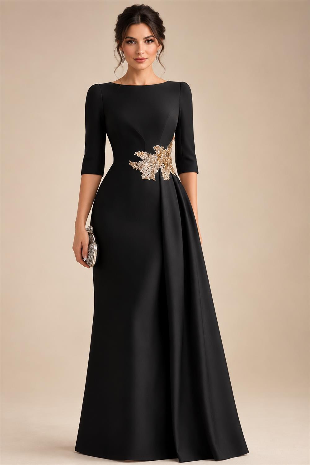 A-Line Satin V-Neck 3/4 Sleeve Mother of the Bride Dresses Floor-Length Ball Gown with Applique (SHI22500294)
