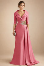 A-Line Satin V-Neck 3/4 Sleeve Mother of the Bride Dresses Floor-Length Ball Gown with Applique (SHI22500294)