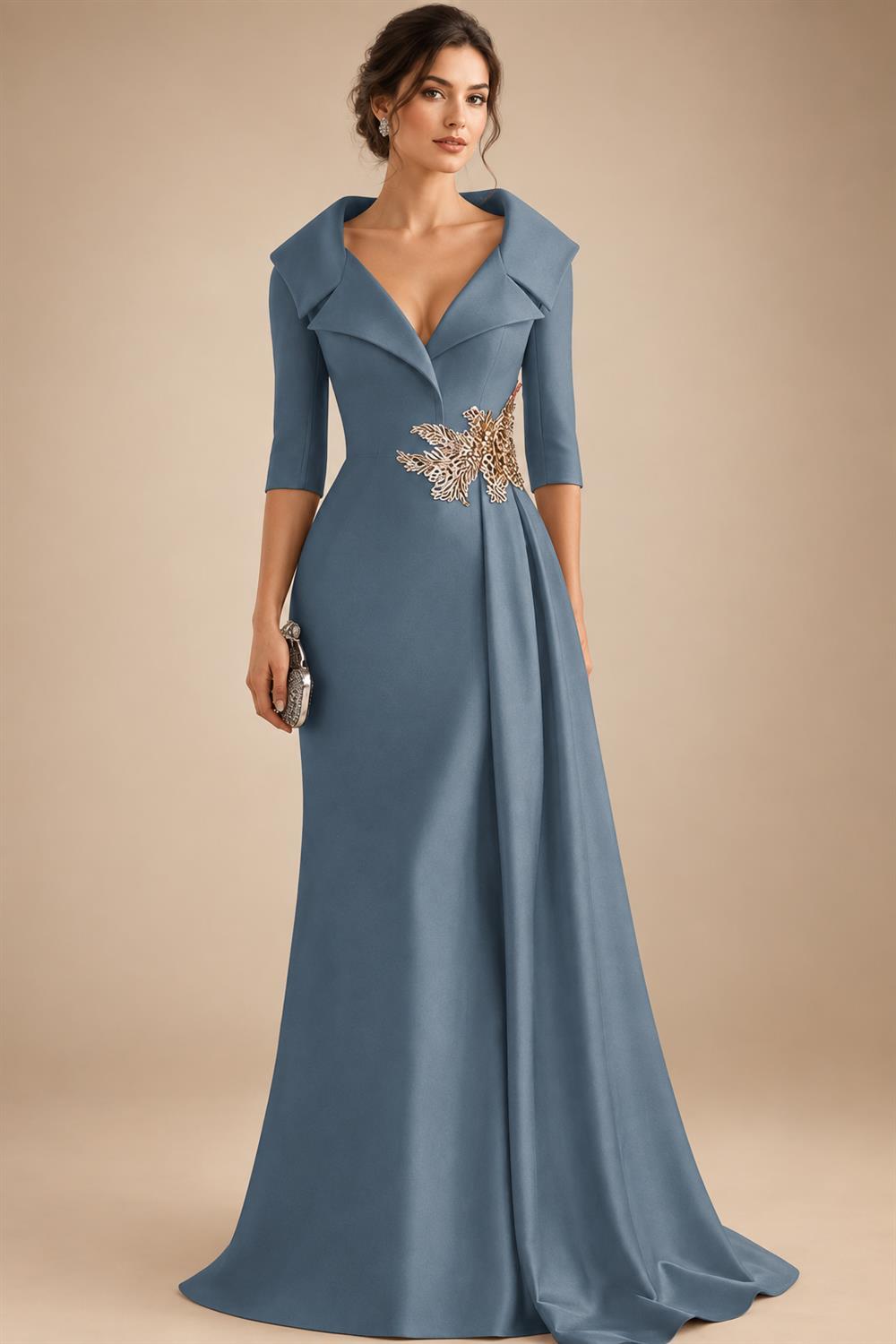 A-Line Satin V-Neck 3/4 Sleeve Mother of the Bride Dresses Floor-Length Ball Gown with Applique (SHI22500294)