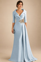 A-Line Satin V-Neck 3/4 Sleeve Mother of the Bride Dresses Floor-Length Ball Gown with Applique (SHI22500294)
