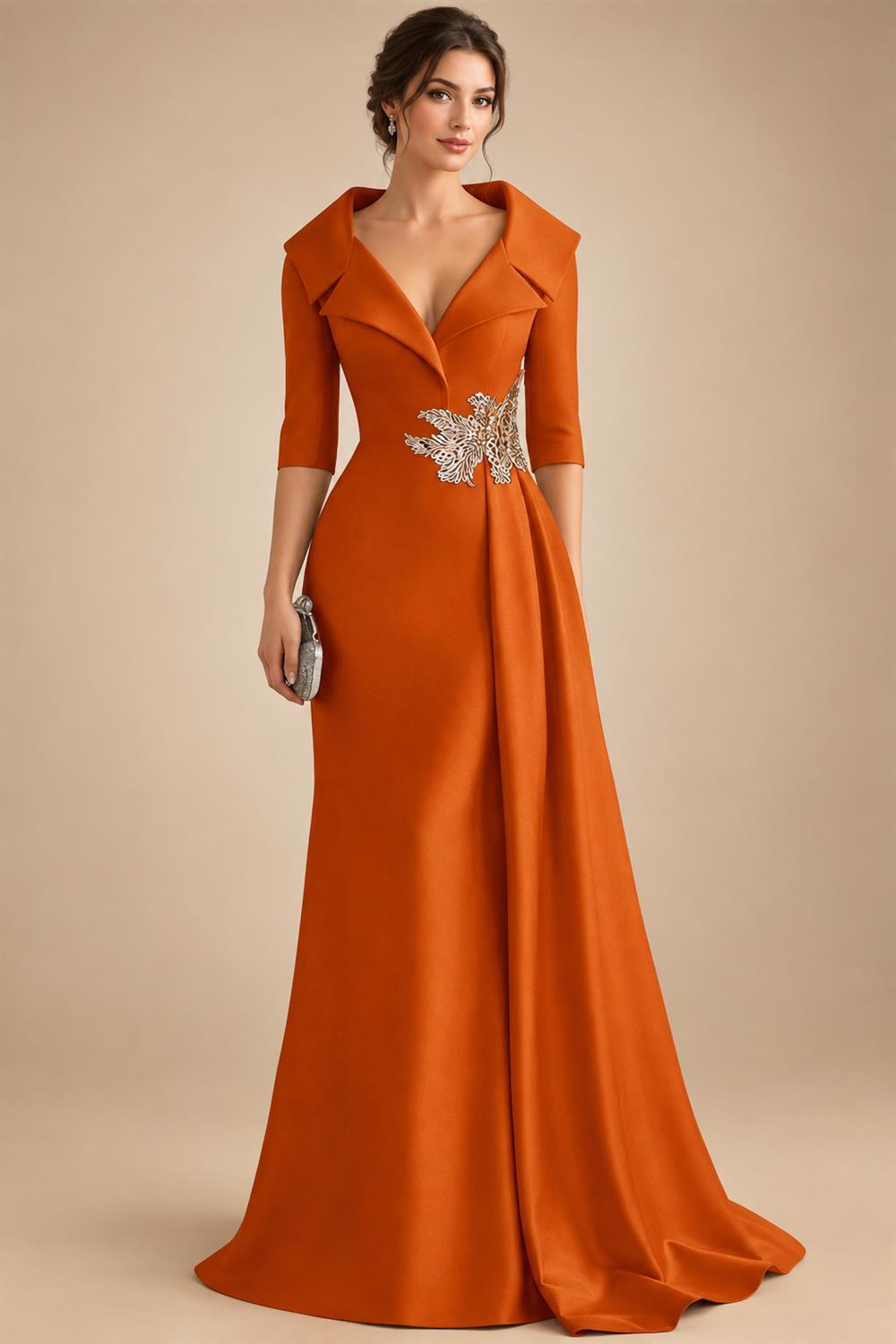 A-Line Satin V-Neck 3/4 Sleeve Mother of the Bride Dresses Floor-Length Ball Gown with Applique (SHI22500294)