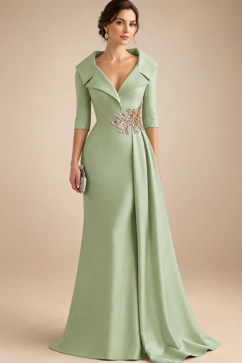 A-Line Satin V-Neck 3/4 Sleeve Mother of the Bride Dresses Floor-Length Ball Gown with Applique (SHI22500294)