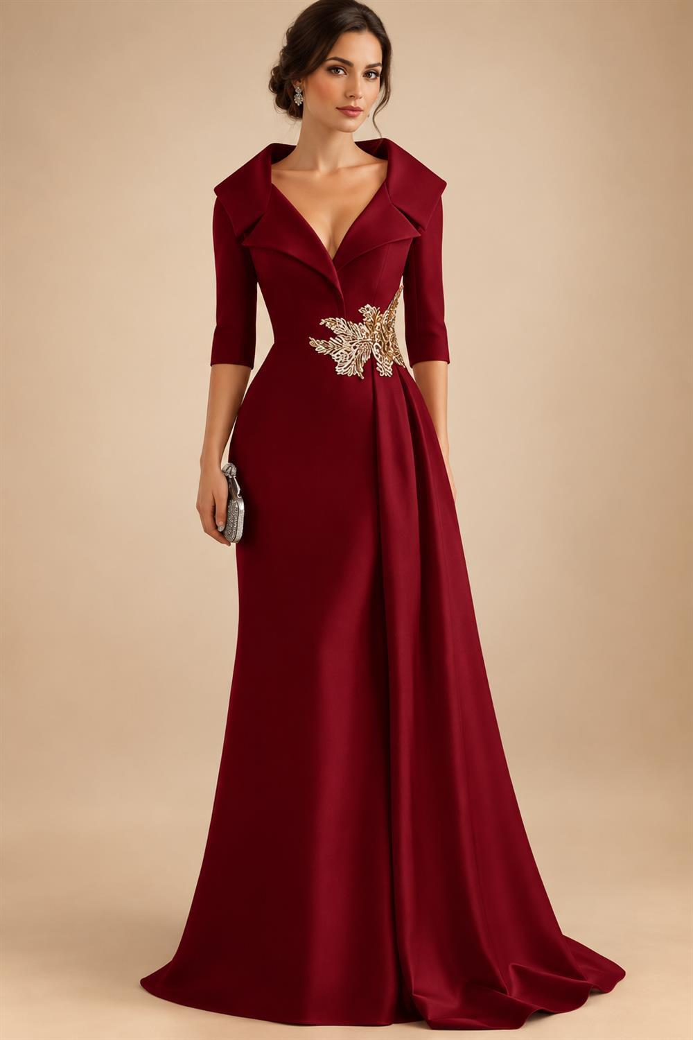 A-Line Satin V-Neck 3/4 Sleeve Mother of the Bride Dresses Floor-Length Ball Gown with Applique (SHI22500294)