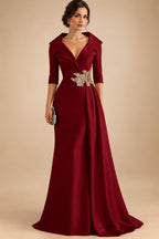 A-Line Satin V-Neck 3/4 Sleeve Mother of the Bride Dresses Floor-Length Ball Gown with Applique (SHI22500294)