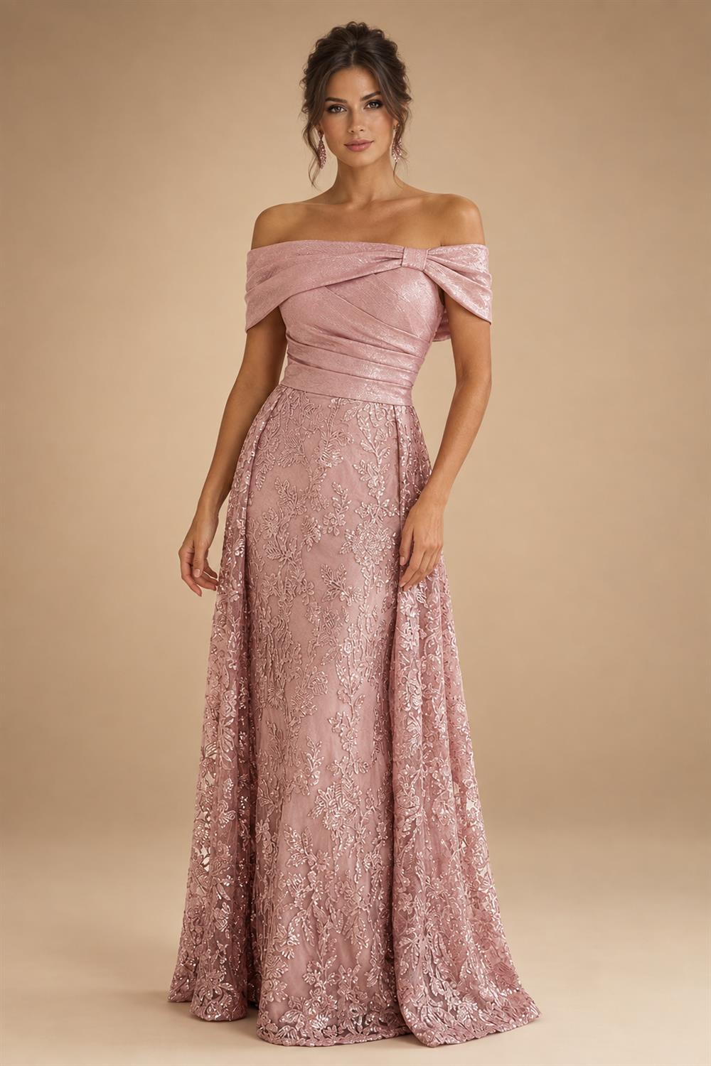A-Line Metallic Satin Off Shoulder Bow Mother of the Bride & Groom Dresses with Floral Lace Appliques, Ruched Waist & Sweep Train (SHI22500425)